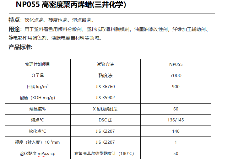 三井HI-WAX NP055高密度聚丙烯蠟（ PP蠟NP055）