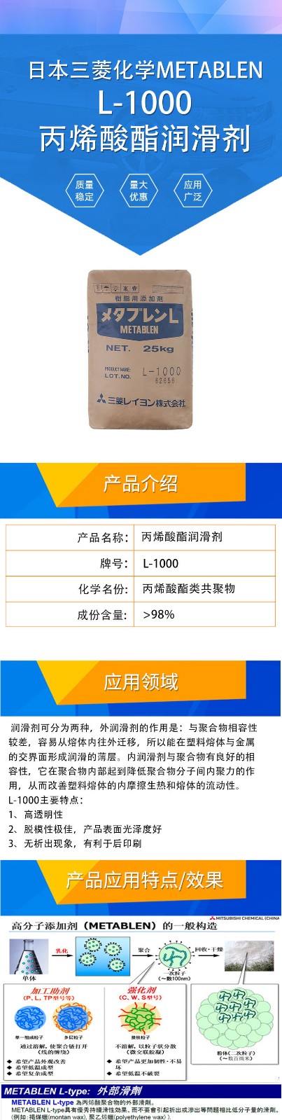 丙烯酸酯類潤滑劑 三菱L-1000 PVC用標(biāo)準(zhǔn)加工助劑 不析出外潤滑劑